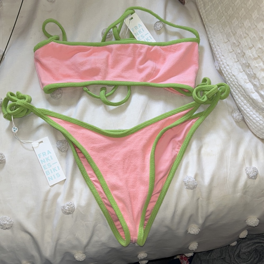 FRANKIES BIKINIS Harmony Terry Top and Connor Terry Bottom green pink new!